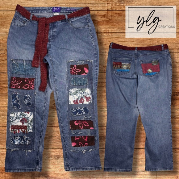 JMS Jeans Boho Patchwork Floral Burgundy Pink Distressed Knit Belt Plus 16 - Picture 1 of 11